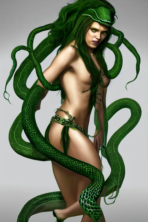 Image similar to beautiful super model gorgon, full body, diablo 4 white skin, euryale, green snake hair, half woman half snake, photorealistic art, symmetrical, trending on artstation, 8 k resolution