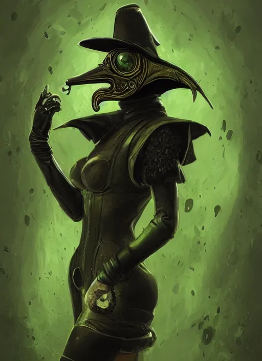 Image similar to a highly detailed illustration of plague doctor mask wearing woman, wearing latex revealing outfit, surrounded by green mist background, intricate, elegant, highly detailed, centered, digital painting, artstation, concept art, smooth, sharp focus, league of legends concept art, WLOP