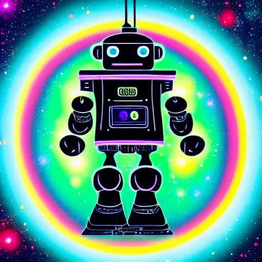 Image similar to sentient robot comprised of star dust and galaxies with a meteor belt halo, rainbow diffraction, anime, vhs distortions