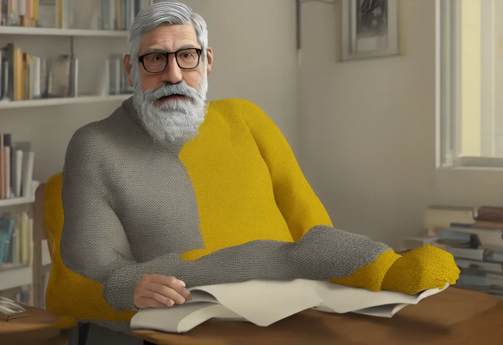 Image similar to Gray bearded professor sits in his study wearing a yellow sweater, hyperrealistic, portrait, concept art, illustration, 8k, artstation, digital painting