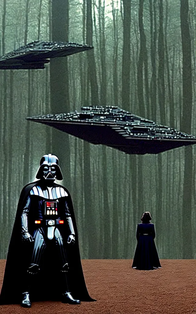 Image similar to darth vader anb bella from twillight staying together in front of, on the background star destroyer landed on the wood ground in the twilight saga movie, shot from the twillight movie