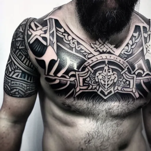Image similar to medium shot of a gladiator wearing a galea, tattoo, tattoo art, Black and grey tattoo style
