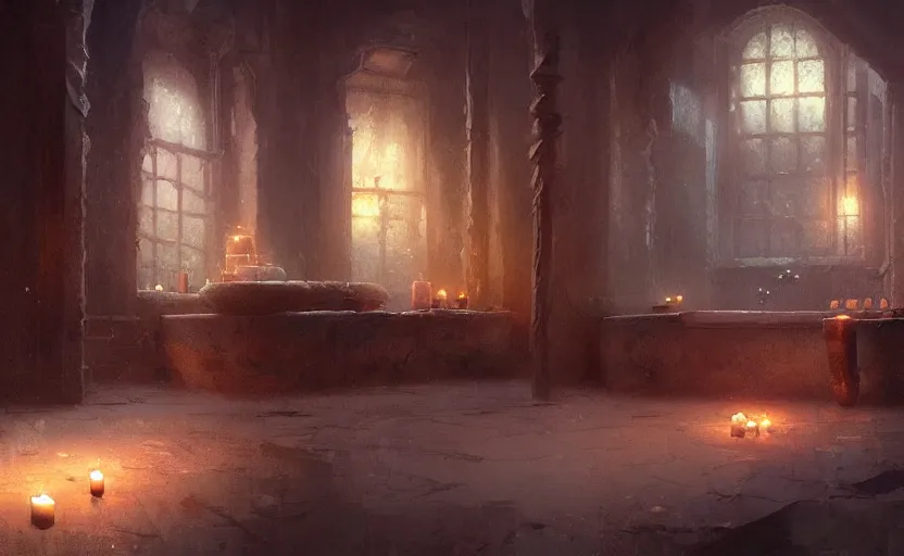 Prompt: painting of an interior of a bath house with candles, fantasy, concept art, by greg rutkowski and craig mullins, cozy atmospheric and cinematic lighting, trending on artstation