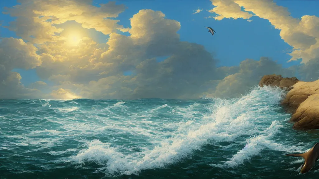 Image similar to first person view of breaking waves on the shore, summer, clear beautiful sky, bright sky, dolphins dolphin swimming, peaceful, amazing, by andreas rocha and john howe, and Martin Johnson Heade, featured on artstation, featured on behance, golden ratio, ultrawide angle, f32, well composed