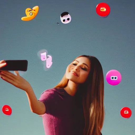 Prompt: a high definition picture of a female influencer taking a selfie with graphical emoticons floating in the air