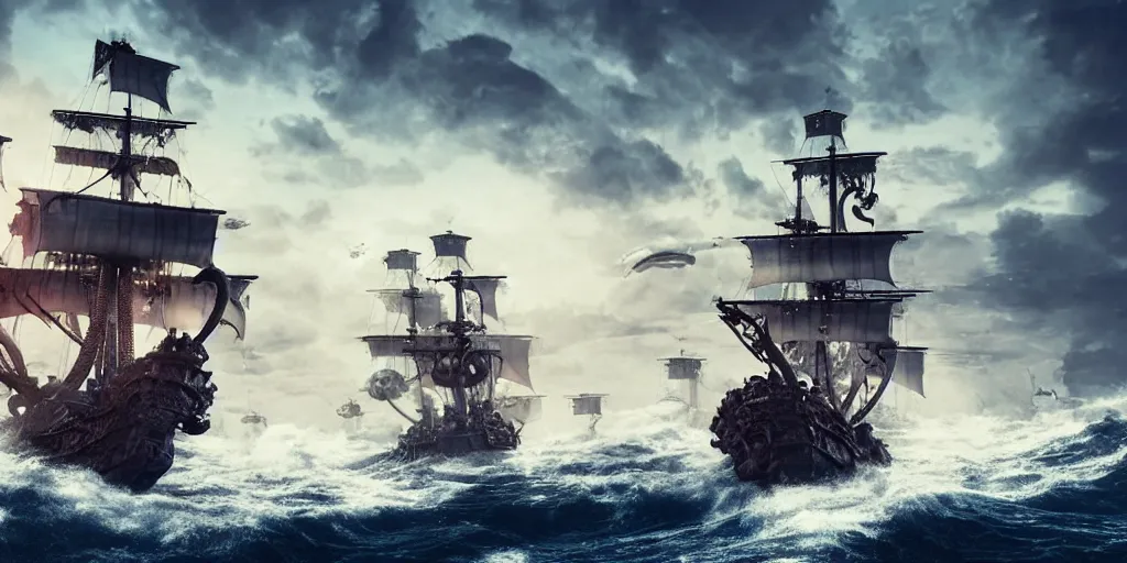 Prompt: pirate ship being attacked by the kraken, kraken attacking pirate ship in rough seas, photorealistic illustration, high quality render, 8 k resolution, octane render