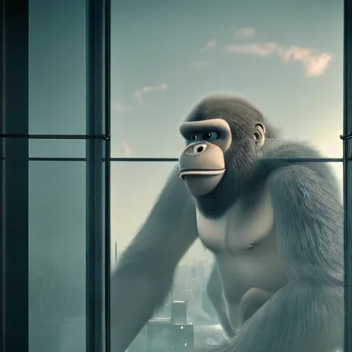 Prompt: king kong donkey kong peering in a high rise fancy apartment window, beautiful lighting action movie still from inside the apartment