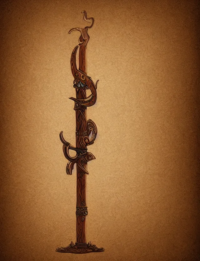 Prompt: medium shot of an ornate wooden staff, fantasy illustration, medieval era, blank background, studio lighting, hand - drawn digital art