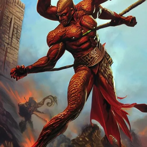 Prompt: dragon man with bronze skin, rpg artwork, fantasy setting, alex ross