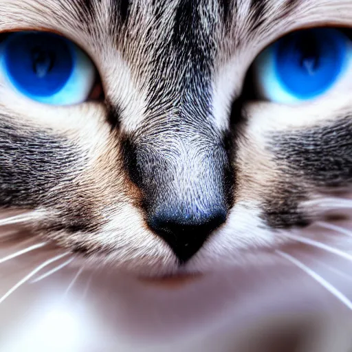 Prompt: a close up of a cat with blue eyes, a portrait by hanns katz, flickr contest winner, mingei, shiny eyes, fisheye lens, shallow depth of field