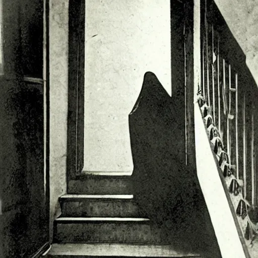 Image similar to a scary victorian ghost woman on a stairway, 1898,