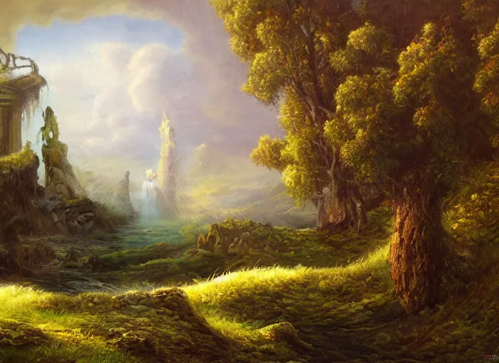 Prompt: An ancient enchanted dreamscape, a memory of a forgotten land, landscape, oil painting, majestic, detailed, high resolution