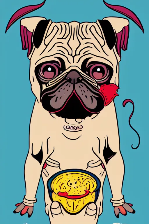 Image similar to demon pug eating flesh. art by samantha mash, sticker, colorful, illustration, highly detailed, simple, smooth and clean vector curves, no jagged lines, vector art, smooth