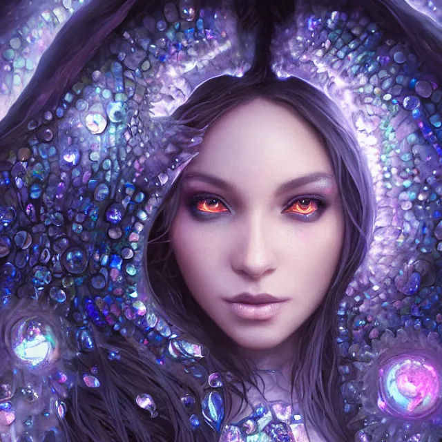 Prompt: detailed portrait of beautiful witch made of crystals and plasma, dark fantasy, black background!!! glowing eyes, symmetry, highly detailed, 4 k digital painting, detailed skin, iridescence reflecting, crystal particles, magical, raytracing, plasma, artistic, concept art by artgerm, greg rutkowski, alphonse mucha, unreal engine render,