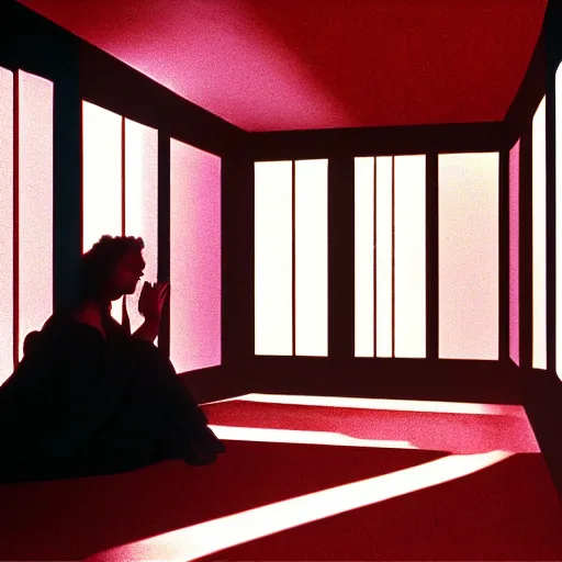 Prompt: cinematic shot from a 1 9 8 5 thriller, a woman hears a voice in her head, apartment design, movie directed by stanley kubrick, color theory, leading lines, photorealistic, volumetric lighting w 9 6 0