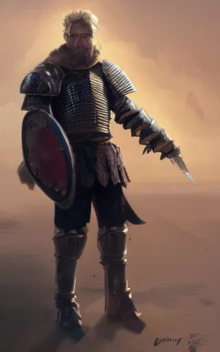 Prompt: highly detailed concept art of a rugged young knight with blonde hair and blue eyes and a short beard wearing a blue shirt over chain mail and steel pauldrons and a yellow cape and leather boots, concept art by Greg Rutkowski, realistic, masterpiece, ArtStation