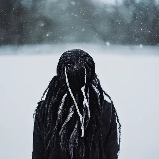 Prompt: black Emo scene girl with long rainbow hair looking up at snow 35mm
