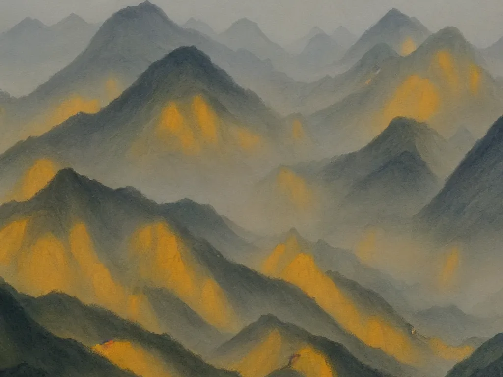 Prompt: landscape painting of china's yellow mountains on a foggy day by shenzhou 沈 周