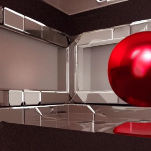 Prompt: chrome spheres on a red cube by denis villeneuve