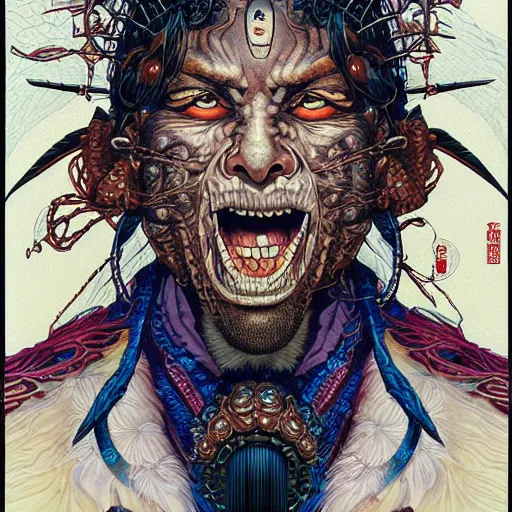 Prompt: portrait of crazy tribal man, symmetrical, by yoichi hatakenaka, masamune shirow, josan gonzales and dan mumford, ayami kojima, takato yamamoto, barclay shaw, karol bak, yukito kishiro