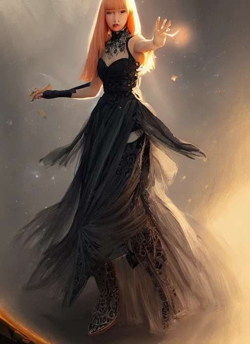 Image similar to jossi of blackpink, wearing a semi transparent dress, m, deep focus, d & d, fantasy, intricate, elegant, highly detailed, digital painting, artstation, concept art, matte, sharp focus, illustration, hearthstone, art by artgerm and greg rutkowski and alphonse mucha