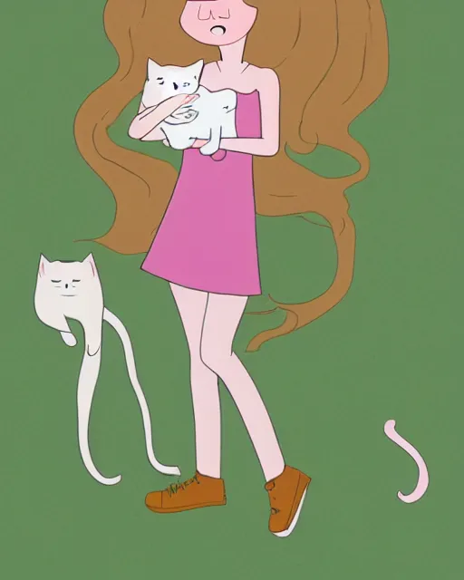 Image similar to a portrait of a young woman with very long pink hair undulating on the wind, light brown eyes, slightly chubby, pale skin, pretty, cute, holding a white cat. adventure time style