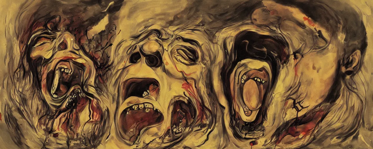 Image similar to portrait of a mad man screaming and melting in style of Yamato and Salvador Dali,