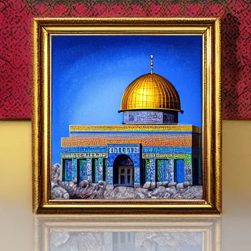 Image similar to a beautiful oil painting flyer design illustration of dome of the rock jerusalem hands hugging it, intricate, elegant, highly detailed, digital painting, artstation, concept art, smooth, sharp focus, illustration