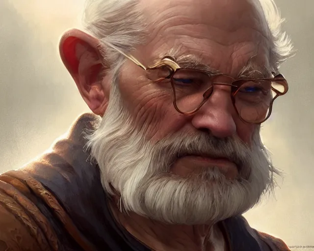 Image similar to old man with a ring on each finger, deep focus, d & d, fantasy, intricate, elegant, highly detailed, digital painting, artstation, concept art, matte, sharp focus, illustration, hearthstone, art by artgerm and greg rutkowski and alphonse mucha