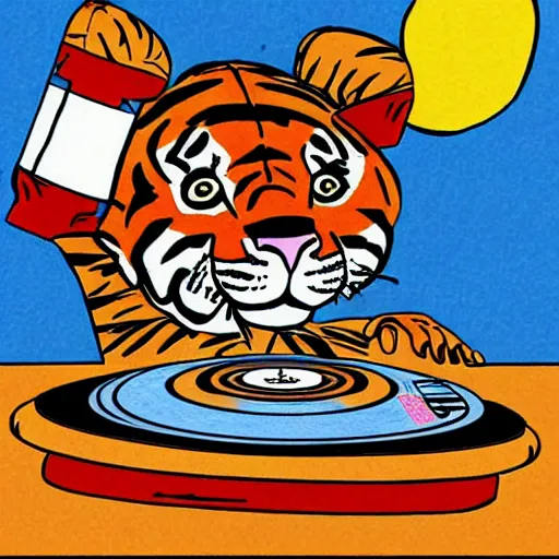 Prompt: a tiger wearing a bucket hat and a hawaii shirt playing vinyl records on DJ turntables at an outdoor bar, children\'s book drawing