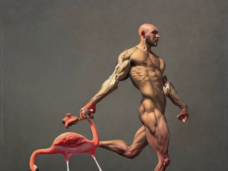 Image similar to a detailed painting of a bodybuilder with flamingo legs by beksinski carl spitzweg and tuomas korpi. baroque elements. baroque element. intricate artwork by caravaggio. Oil painting. Trending on artstation. 8k