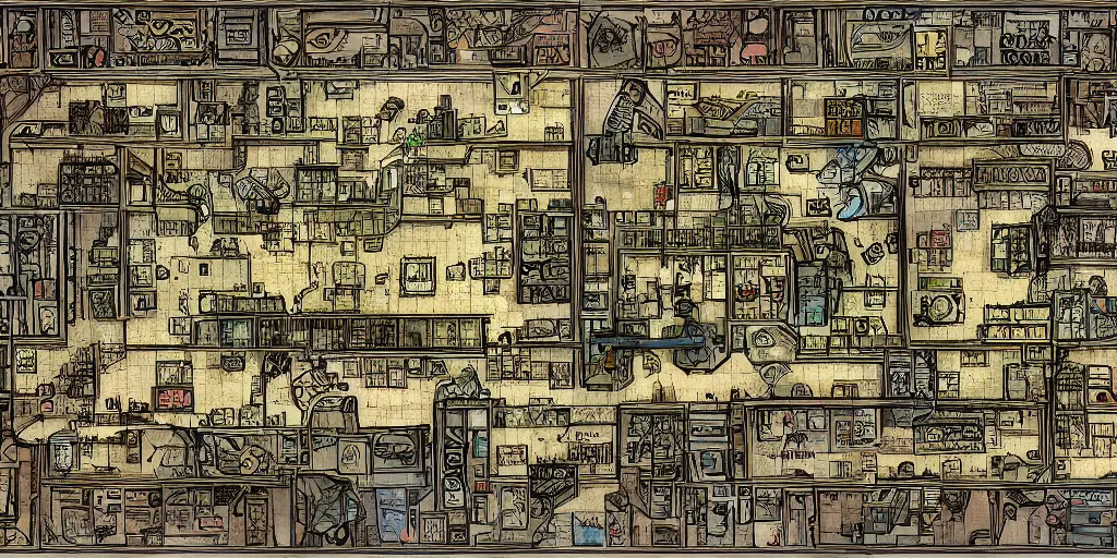 Image similar to An intensely bureaucratic villains lair with dozens of henchman doing paperwork, gridless DND map, 8k digital art, high quality,