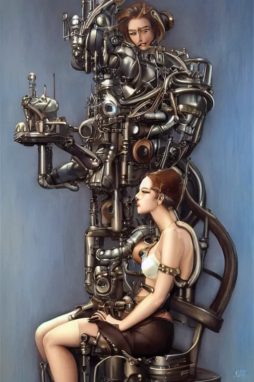 Image similar to retrofuturistic female android tied to a chair, steampunk, gears, detailed mechanical parts, painting by artgerm julie bell Jean Delville