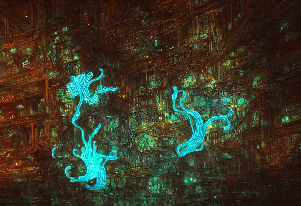 Prompt: a close up of giant ornate bioluminescent nudibranch in the foreground in front of a rusty brutalist industrial plant, cyberpunk, nighttime, low key, dark, gloomy, hazy, spotlights, leds, dramatic lighting, vignette, concept art, digital art