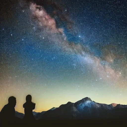 Image similar to a beautiful landscape showing mountains, stars and galaxies in the background. The silhouet of a young couple sits in the foreground