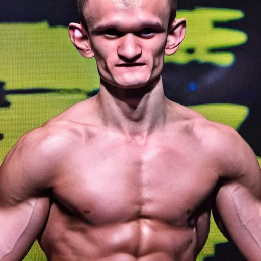 Image similar to vitalik buterin bodybuilder, macho, strong, photo