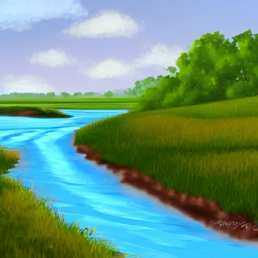 Prompt: digital art painting of a river running through the plains, very mediocre, not detailed at all.