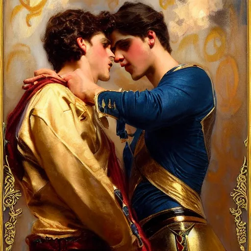 Image similar to attractive fully clothed king confesses his love for his attractive fully clothed male prince. highly detailed painting by gaston bussiere and j. c. leyendecker 8 k