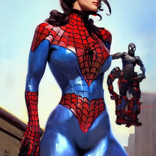 Image similar to greg manchess portrait painting of partially armored female spiderman as overwatch character, medium shot, asymmetrical, profile picture, organic painting, sunny day, matte painting, bold shapes, hard edges, street art, trending on artstation, by huang guangjian, gil elvgren, ruan jia, greg rutkowski, gaston bussiere