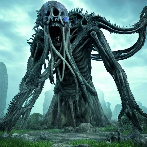 Image similar to corrupted colossal eldritch giant, wrapped in beautiful cerulean cloth, buried ancient city, jungle, haunting face, ribcage, teeth, bones, ominous sky, global illumination, creepy, hyper - realistic, insanely detailed and intricate, cinematic 8 k