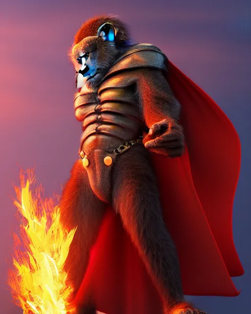 Image similar to fury art, an anthro monkey wearing a large cape and a fantasy armor, fire, fiery background, 3 d, 8 k, extremely detailed, trending on furaffinity, trending on artstation, award winning, sharp focus, illustration