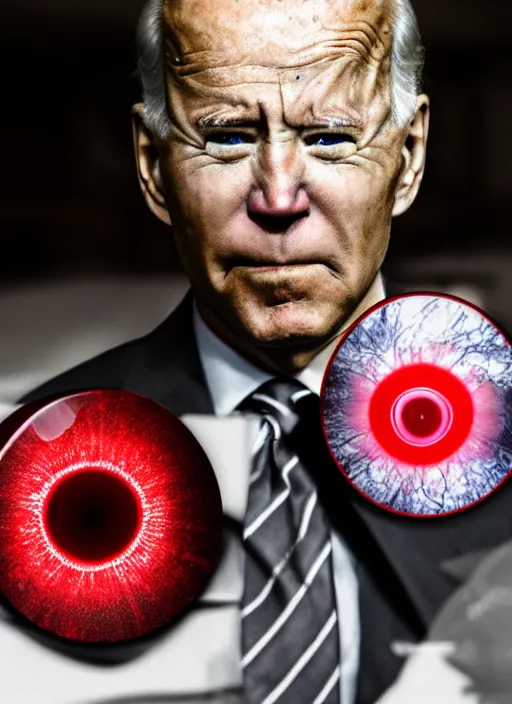 Prompt: hyper realistic ultra realistic eleventh dimensional photo furious glowing red eyes biden, high quality photo, detailed , 8k