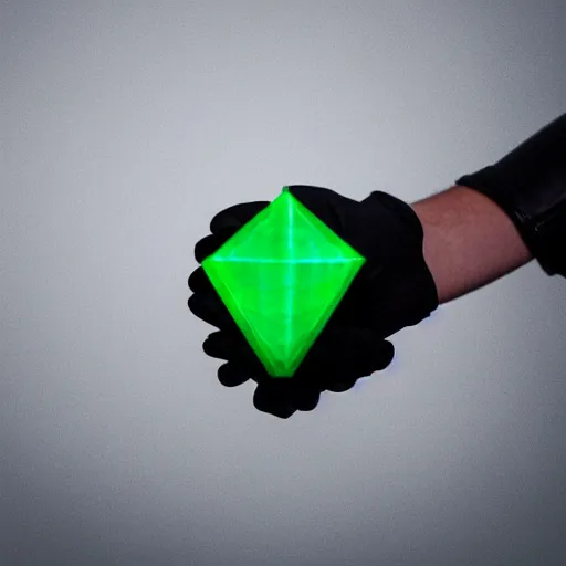 Image similar to a glowing shard of kryptonite held in an open black - gloved hand, black background