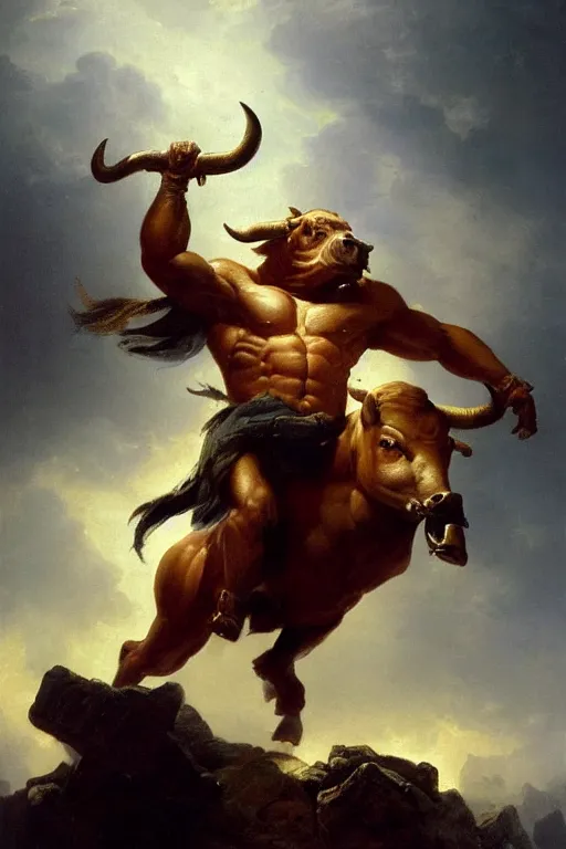 Image similar to oil painting of a strong minotaur with a bull face and wearing full plate armor, in style of ivan aivazovsky, expressive face, detailed face, detailed eyes, full body, feminine face, tracer overwatch,