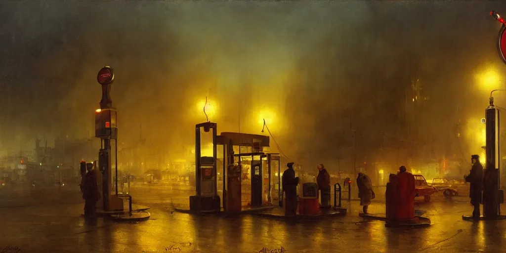 Image similar to a gas station in 1 9 4 0 with yellow and red light in the middle of the night, a men stand up next to the pump, mystical blue fog, oil on canvas, art by andreas achenbach, clemens ascher, tom bagshaw and sabbas apterus,