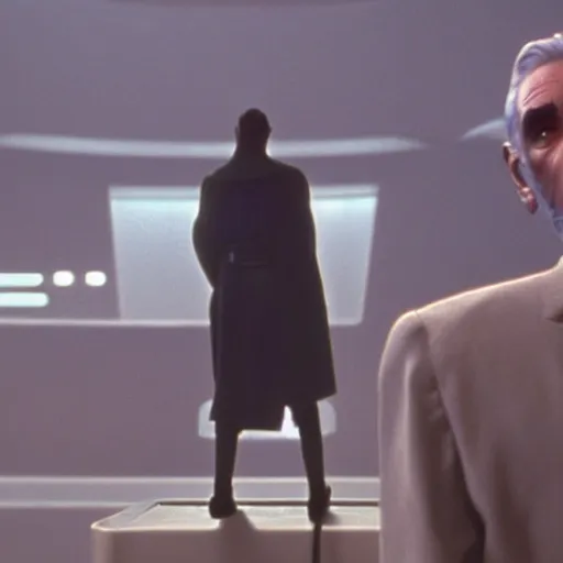 Image similar to Count Dooku standing on ledge observing dark dimly lit droid factory star wars still shot from Attack of The clones 720p