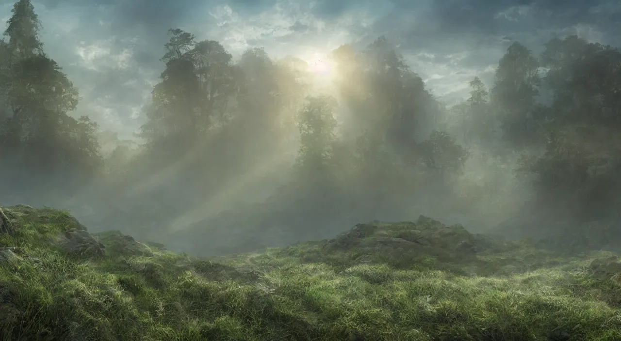 Prompt: photorealistic matte painting misty moors overgrowth undergrowth jagged rock features volumetric fog light rays high contrast dawn mr burns