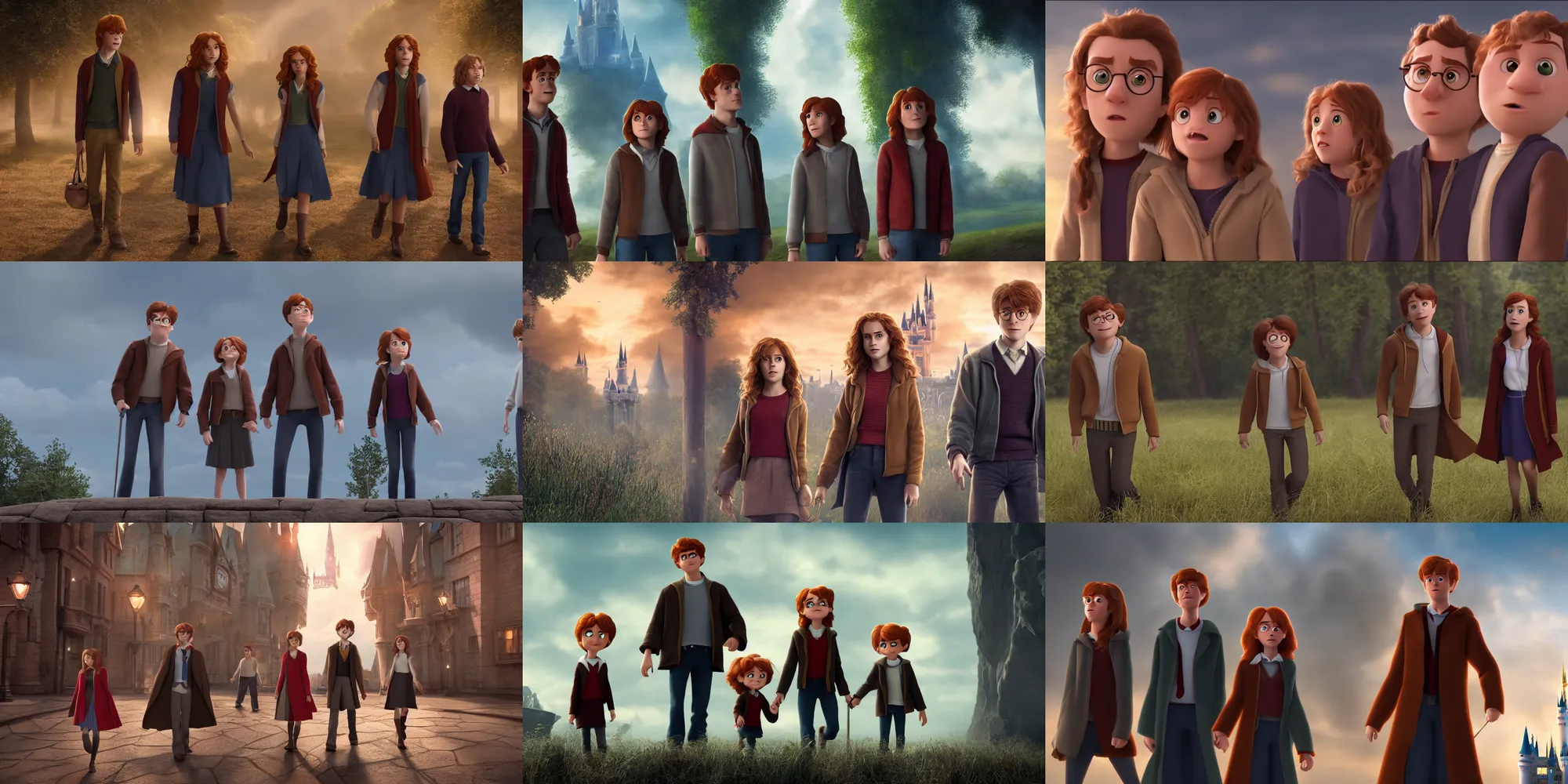 Prompt: Harry, Ron and Hermione in disney pixar style, cinematic shot, 4K