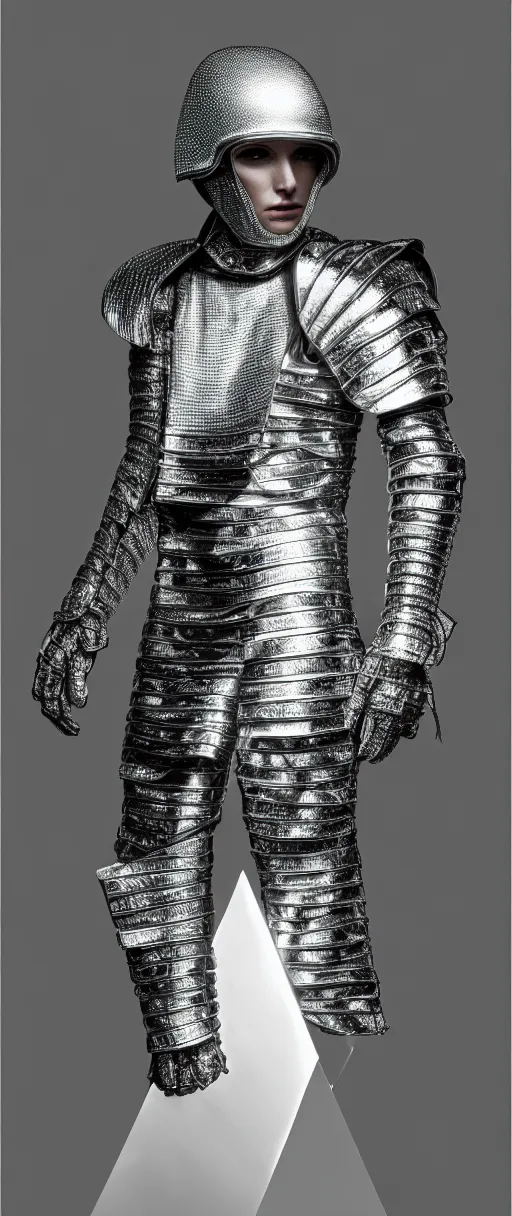 Image similar to hyperrealist highly detailed portrait of high fashion warrior wearing reflective mirror mirrored reflection armor, concept art pascal blanche dramatic studio lighting 8k wide angle shallow depth of field
