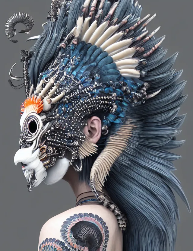 Image similar to 3 d goddess close - up profile portrait punk with mohawk with ram skull. beautiful intricately detailed japanese crow kitsune mask and clasical japanese kimono. betta fish, jellyfish phoenix, bio luminescent, plasma, ice, water, wind, creature, artwork by tooth wu and wlop and beeple and greg rutkowski